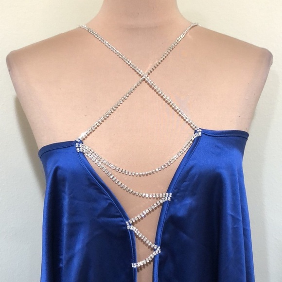 Francesca’s Collection Dress Size Large Blue Silver Rhinestone Caged Plunge Neck - Picture 3 of 8